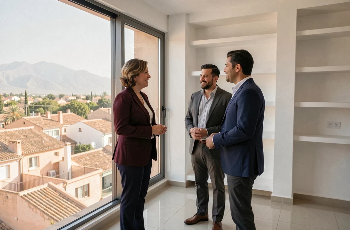 Agent immobilier présentant un appartement à des acheteurs potentiels à Guéliz avec vue sur les toits de Marrakech et les montagnes de l'Atlas