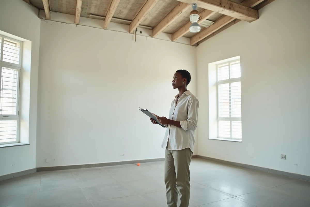 Femme visitant un appartement vide non meublé à Abidjan pour une location