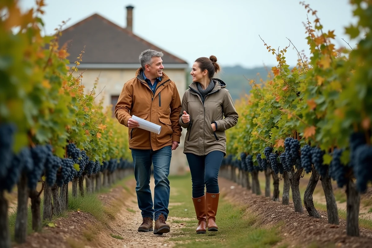 Couple de futurs propriétaires visitant un domaine viticole à vendre dans le Médoc bordelais