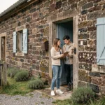 Couple inspectant l'entrée d'une petite maison en pierre avec jardin dans le Puy-de-Dôme lors d'une visite locative