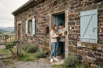 Couple inspectant l'entrée d'une petite maison en pierre avec jardin dans le Puy-de-Dôme lors d'une visite locative