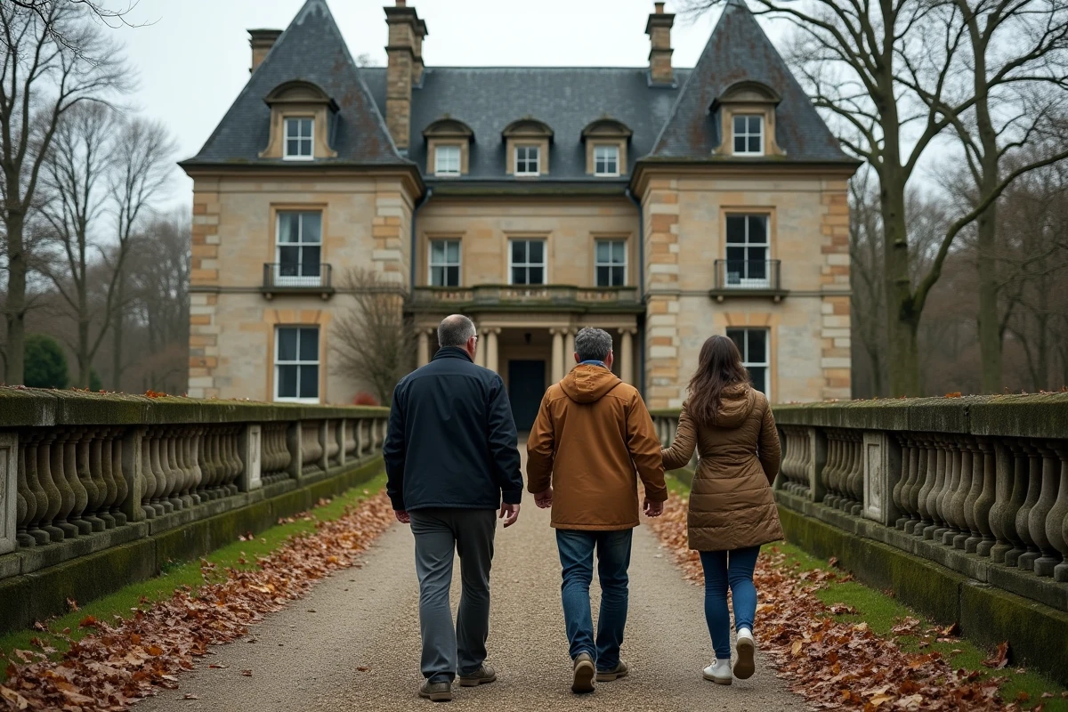 Couple accompagné d'un chasseur immobilier visitant les grounds d'un manoir abandonné en pierre du XIXe siècle
