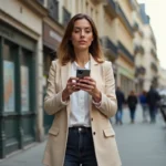 Femme consultant une carte de zone tendue sur son smartphone devant un immeuble résidentiel urbain en France
