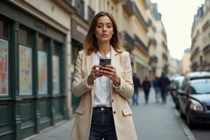 Femme consultant une carte de zone tendue sur son smartphone devant un immeuble résidentiel urbain en France